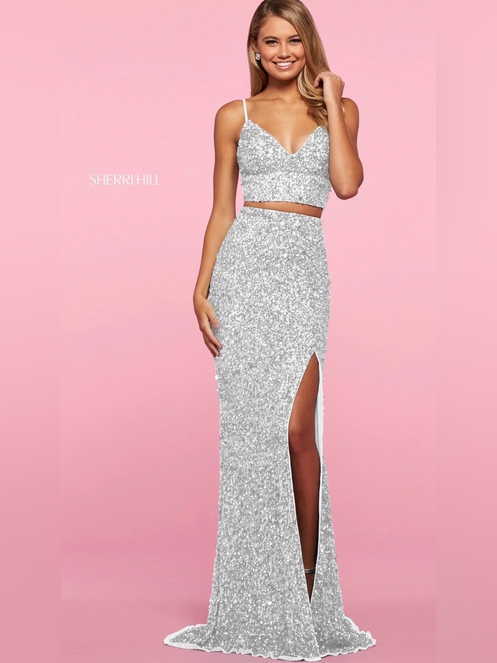 Sherri Hill 53448 Silver Sequin Two Piece Gown Size 2 NWT Project Dress